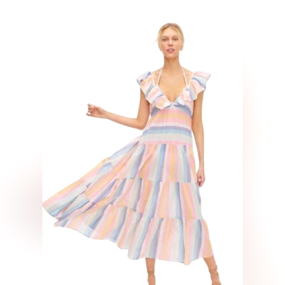 J.Crew rainbow striped v neck ruffle dress NWT